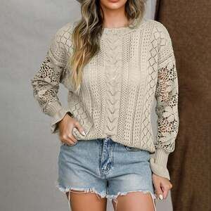 Unbranded Womens  beige Crochet Lack Drop Shoulder Pointelle Knit Sweater small